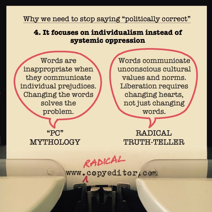 "Politically correct" focuses on individualism instead of system oppression. Full description of pic below.