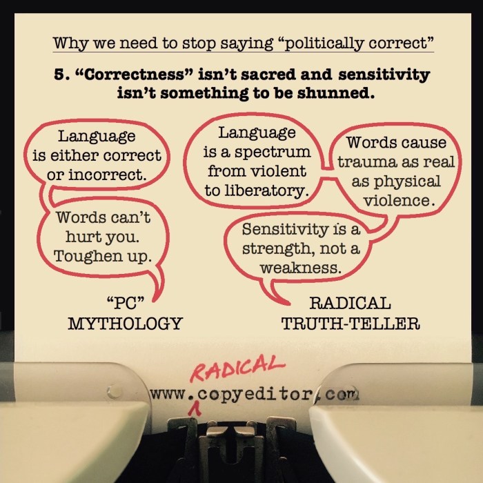 "Correctness" isn't sacred and sensitivity isn't something to be shunned. Full description of pic below.