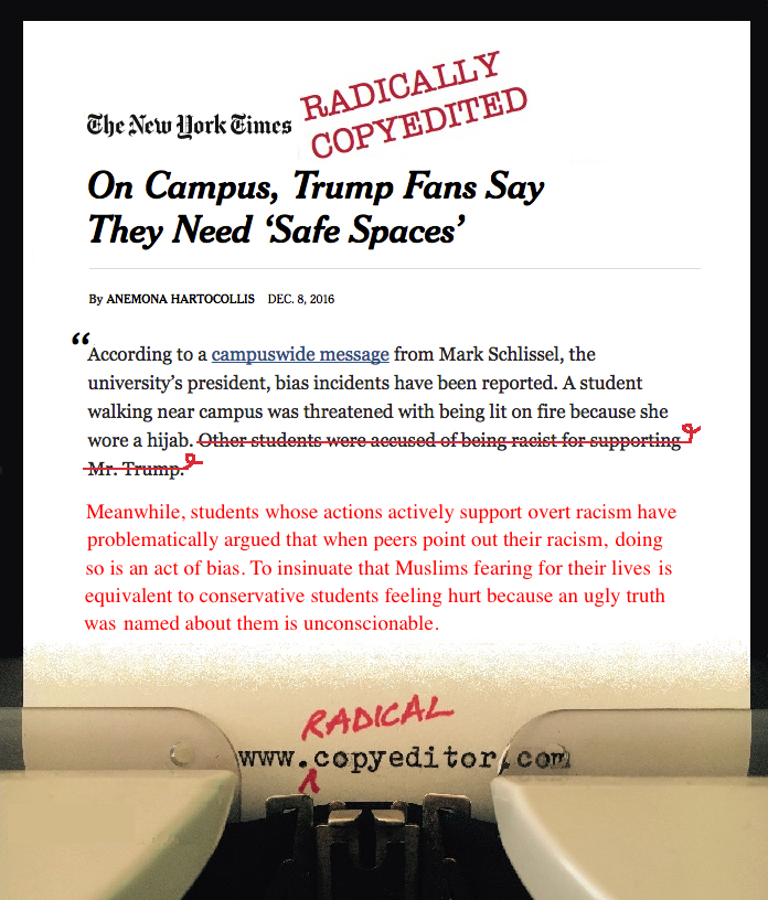 A copyedited paragraph from a New York Times article titled "On Campus, Trump Fans Say They Need 'Safe Spaces.'"