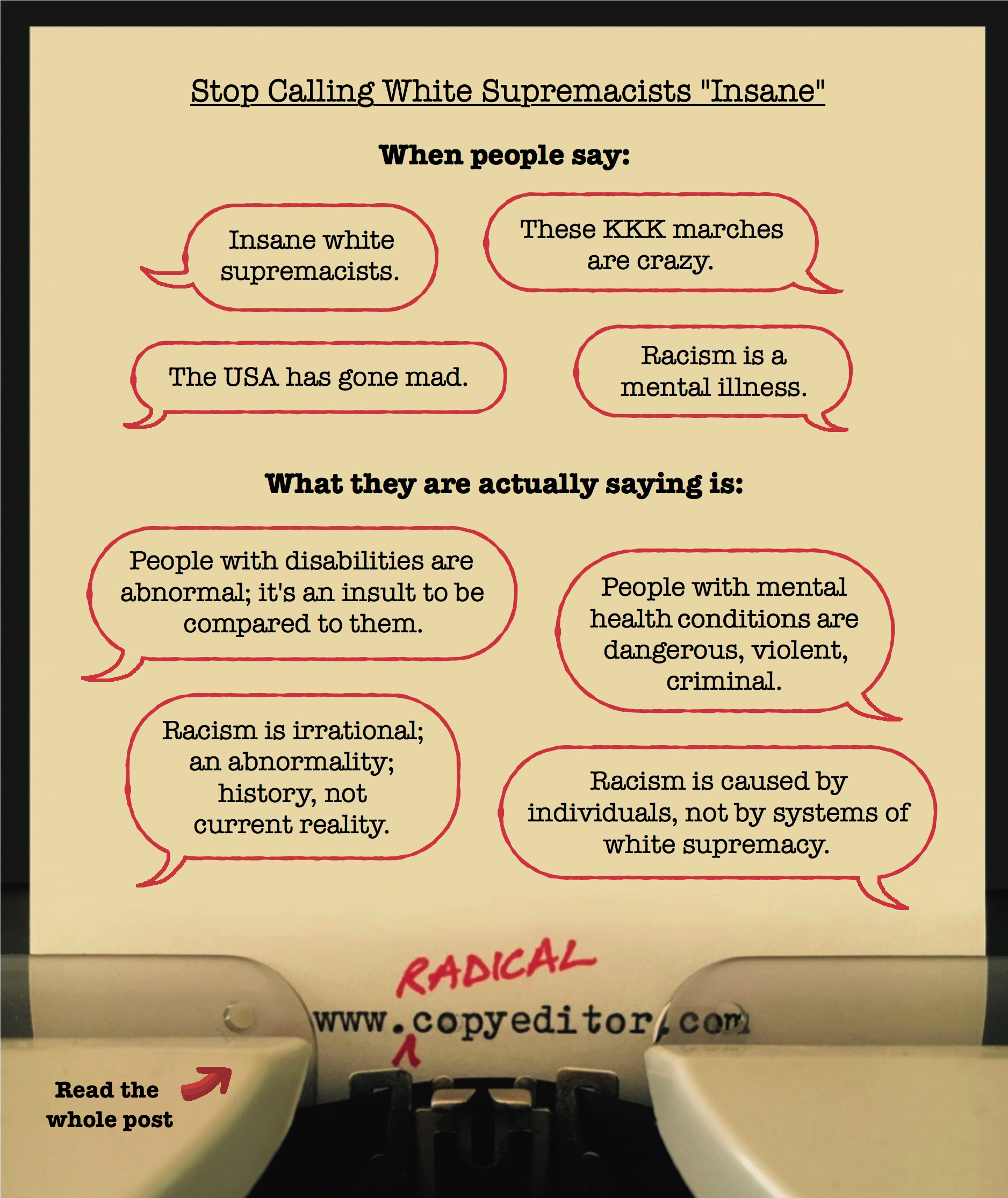 Graphic using speech bubbles to illustrate why it's important to stop calling white supremacists "insane"