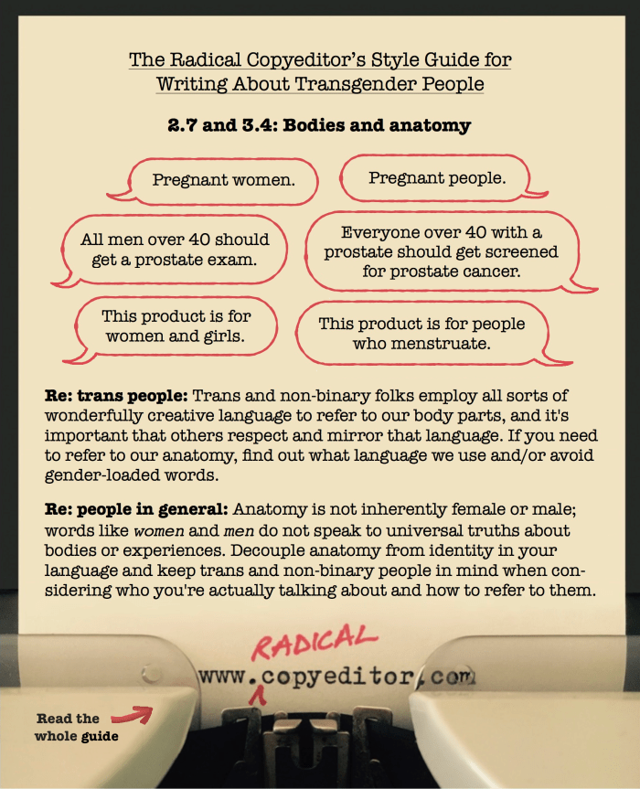 Word bubbles and text that summarize two updates to the Radical Copyeditor's Style Guide for Writing About Transgender People on the topic of bodies and anatomy
