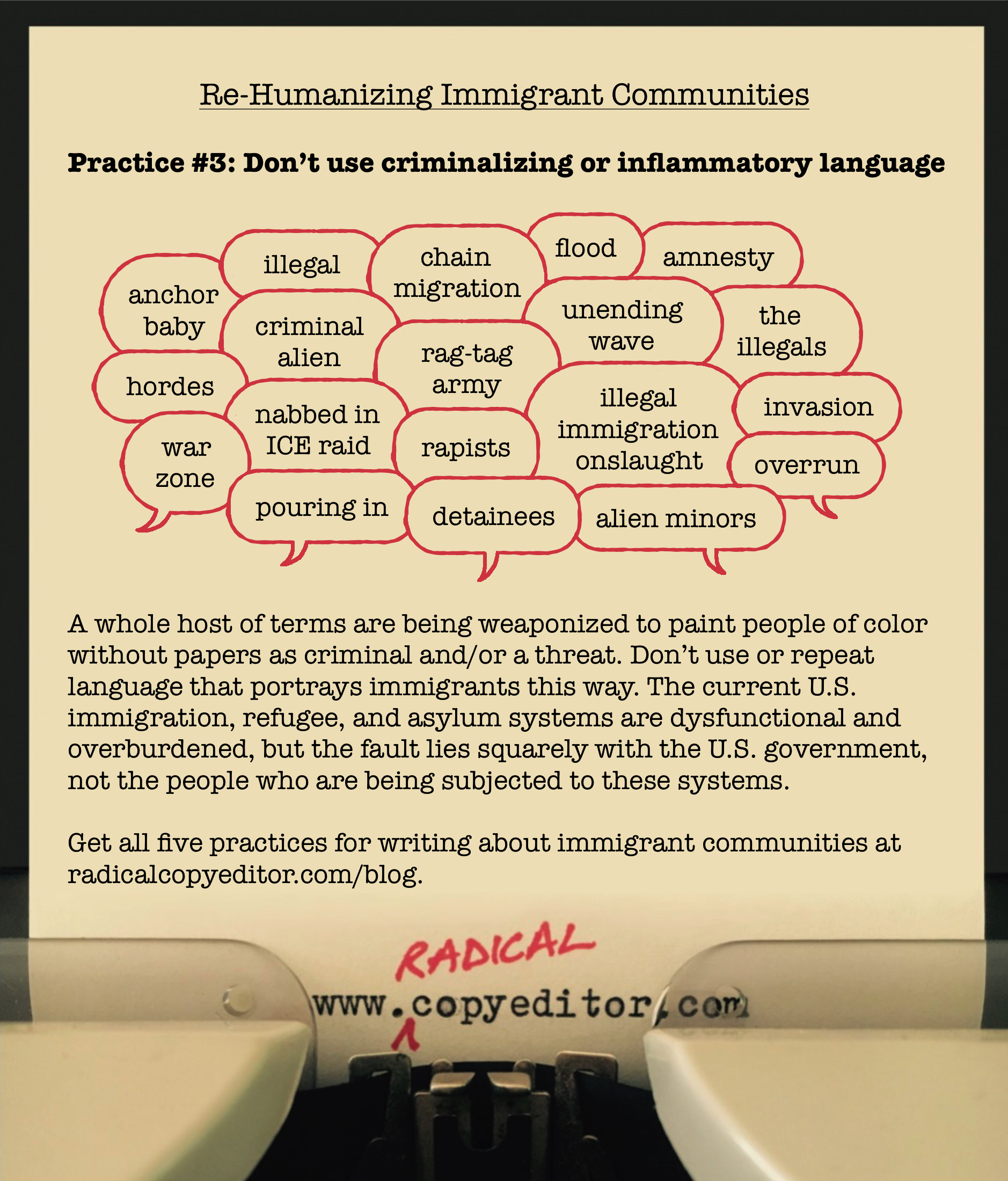 Illustration of practice #3 using a speech bubble cloud of criminalizing and inflammatory words and phrases. Click for full image description.