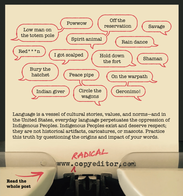 Speech bubbles containing phrases that perpetuate oppression against Indigenous Peoples