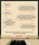 Speech bubbles show a conversation between someone who says words can't hurt and someone who knows they do