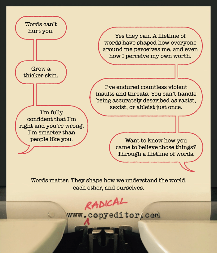 Speech bubbles show a conversation between someone who says words can't hurt and someone who knows they do