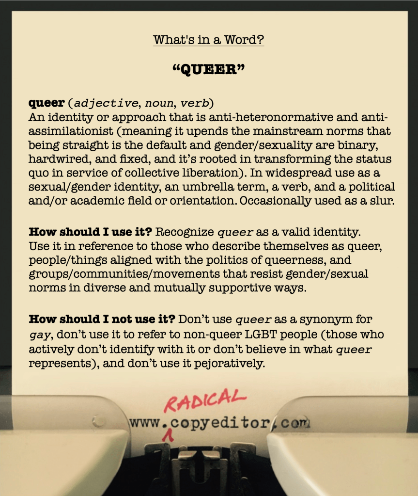 Definition and usage of "queer." Click through for image description.